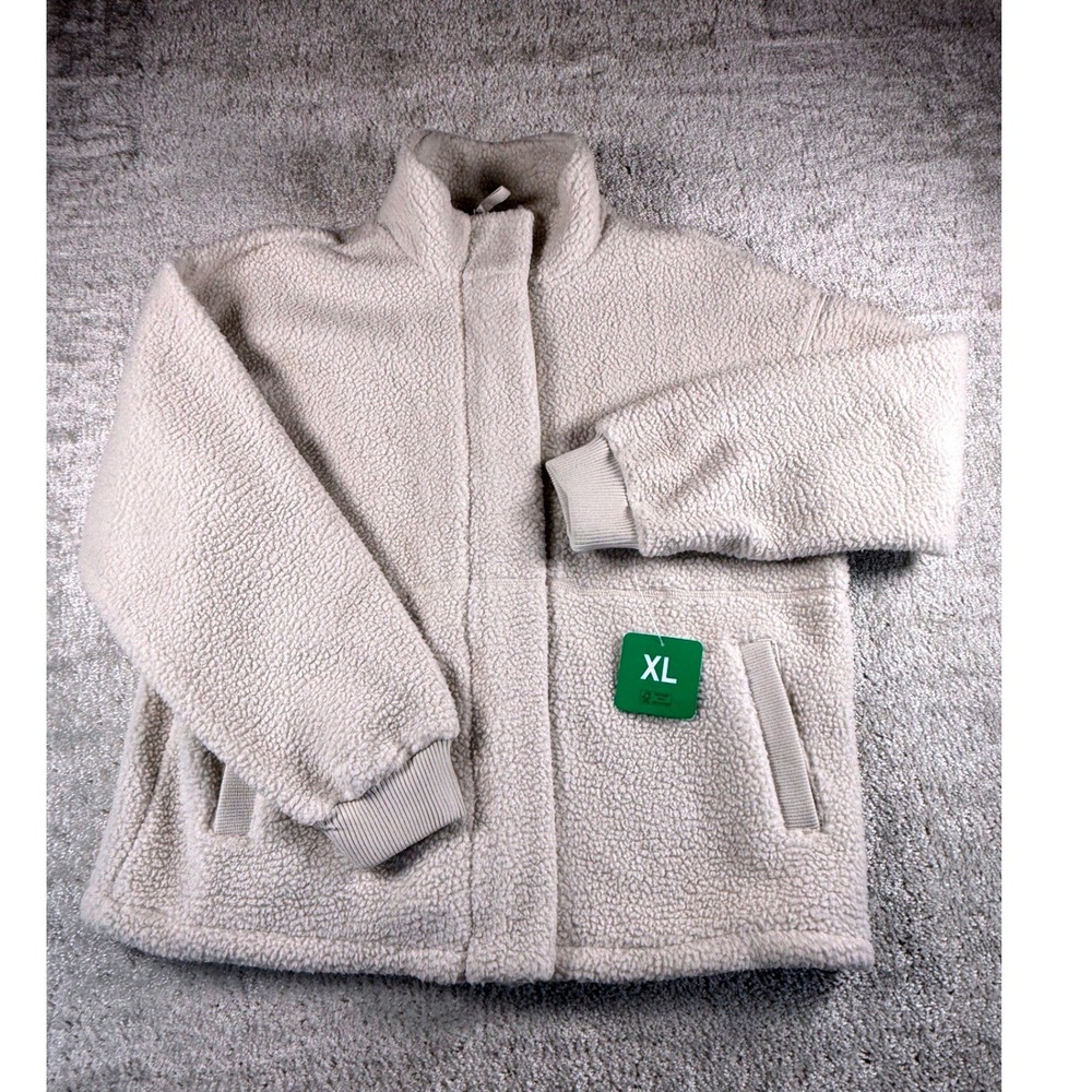 Mondetta Womens XL Sherpa Fleece Jacket Cream Beige Zip Snap High Neck Teddy